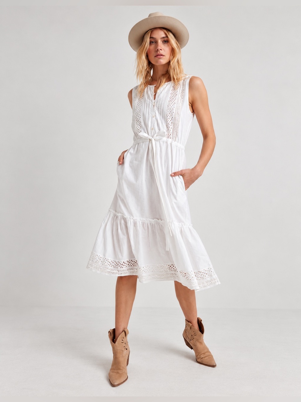 Lucky Brand White Sleeveless Eyelet Midi Dress with Tie Waist